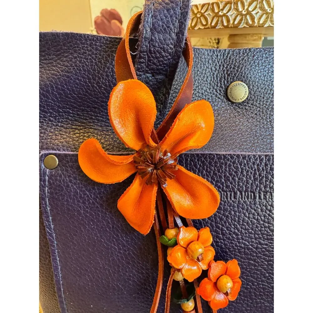 Orange Daisy Flower Bag Charm Genuine Leather Purse Charm Flowers